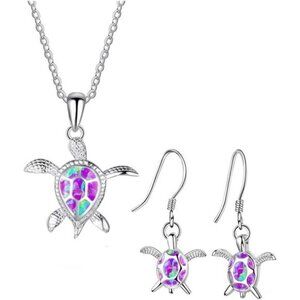 Turtle Necklace Earrings Set for Women Silver Opal Pendant Jewelry Fashion